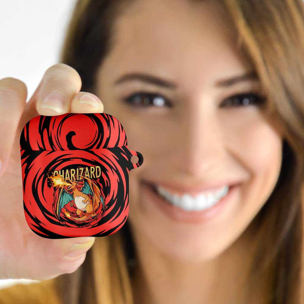 Charizard Pokémon Red and Black Swirl Design AirPods Case with Flames, Pokéball Accents, and Dynamic Fire-Breathing Pose - The Mazicc