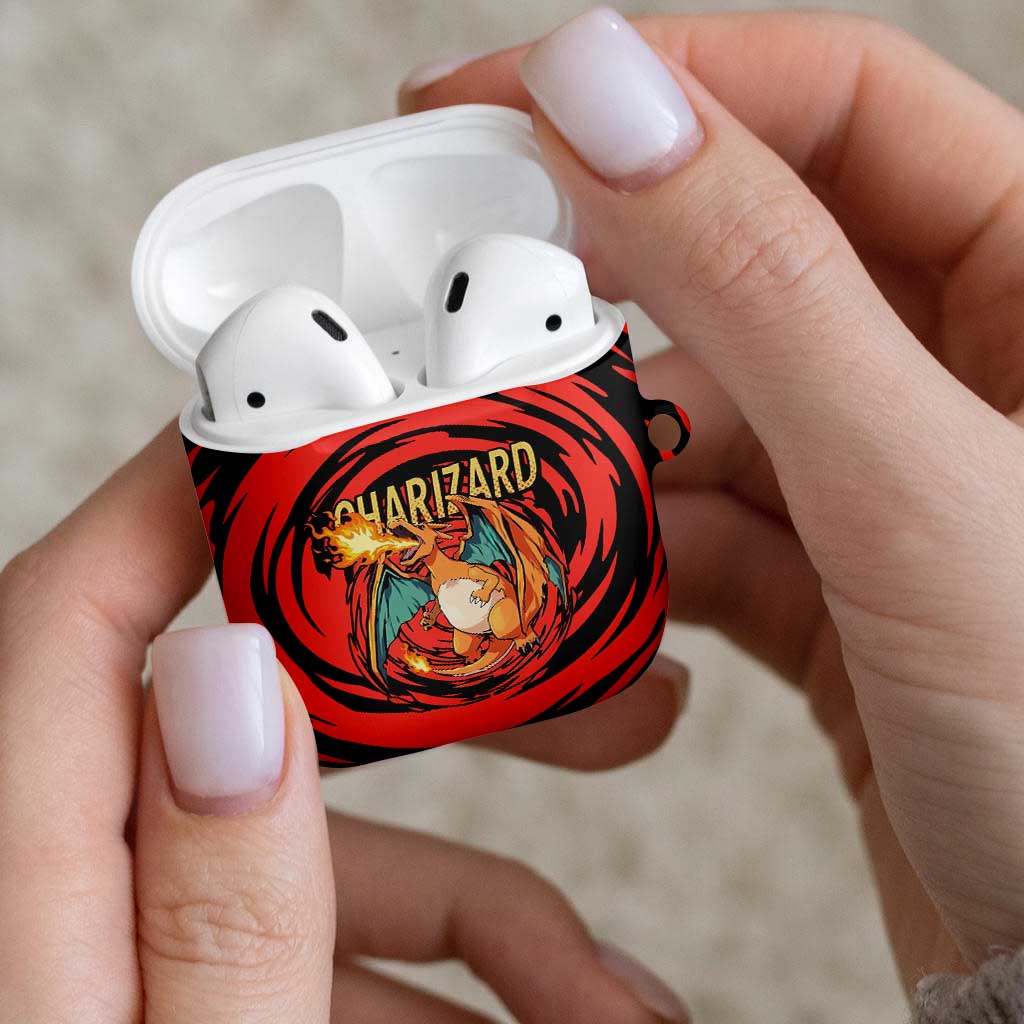 Charizard Pokémon Red and Black Swirl Design AirPods Case with Flames, Pokéball Accents, and Dynamic Fire-Breathing Pose - The Mazicc
