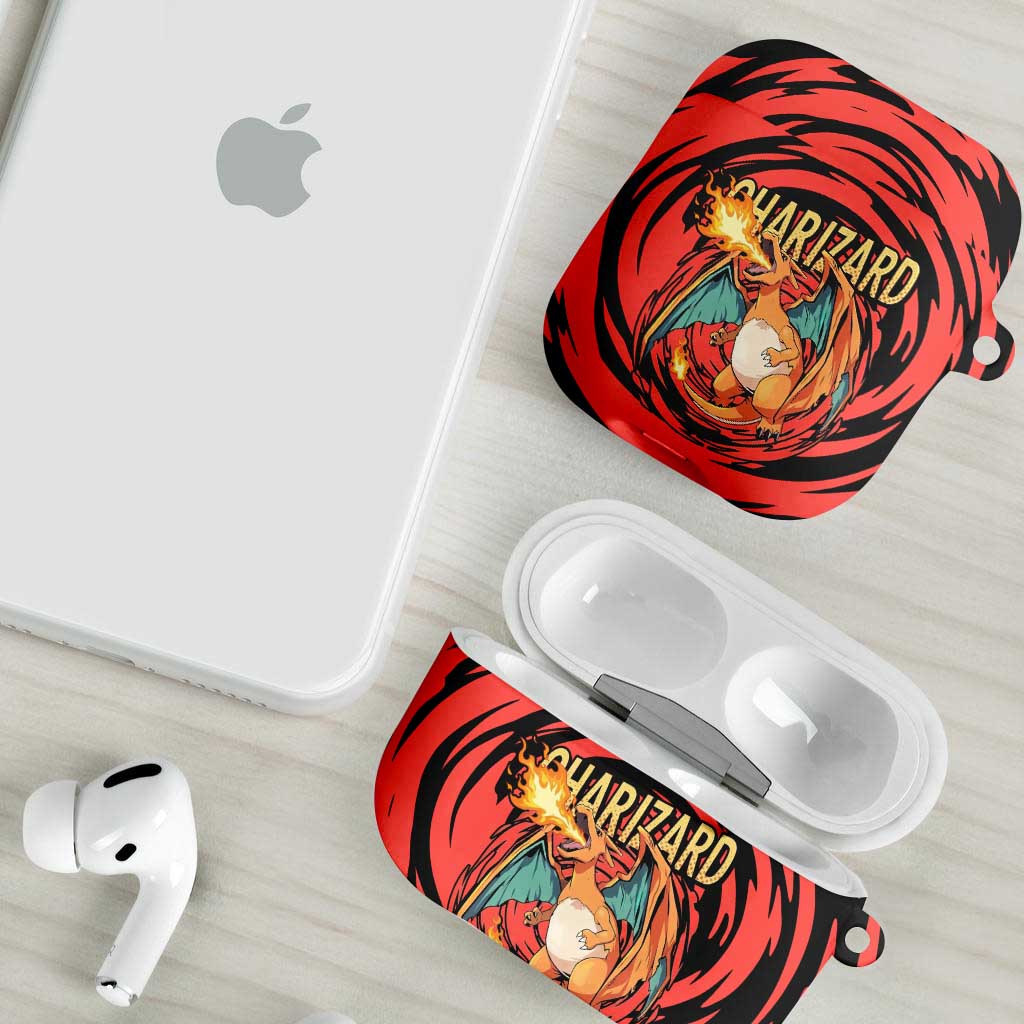 Charizard Pokémon Red and Black Swirl Design AirPods Case with Flames, Pokéball Accents, and Dynamic Fire-Breathing Pose - The Mazicc