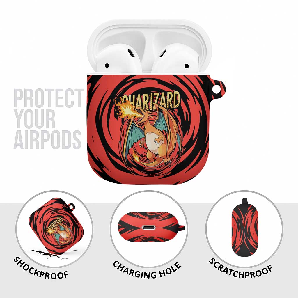 Charizard Pokémon Red and Black Swirl Design AirPods Case with Flames, Pokéball Accents, and Dynamic Fire-Breathing Pose - The Mazicc