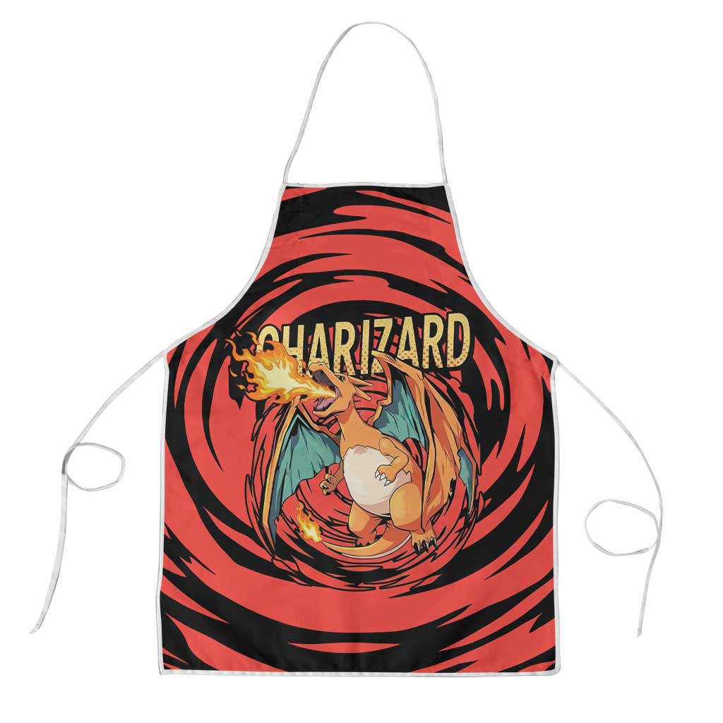 Charizard Pokémon Red and Black Swirl Design Apron with Flames, Pokéball Accents, and Dynamic Fire-Breathing Pose - The Mazicc