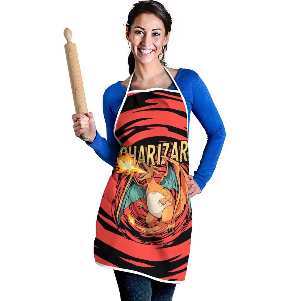 Charizard Pokémon Red and Black Swirl Design Apron with Flames, Pokéball Accents, and Dynamic Fire-Breathing Pose - The Mazicc