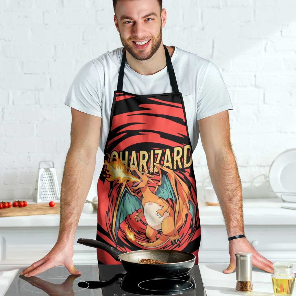 Charizard Pokémon Red and Black Swirl Design Apron with Flames, Pokéball Accents, and Dynamic Fire-Breathing Pose - The Mazicc