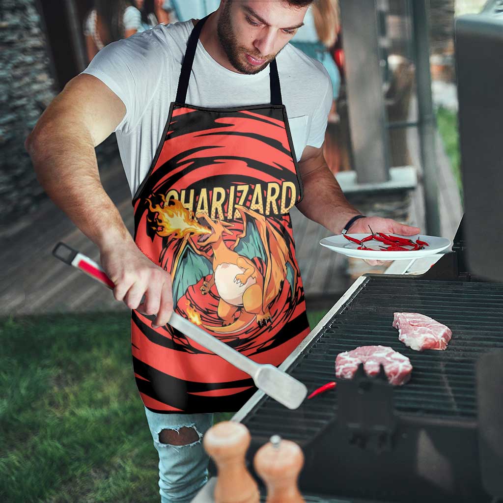 Charizard Pokémon Red and Black Swirl Design Apron with Flames, Pokéball Accents, and Dynamic Fire-Breathing Pose - The Mazicc