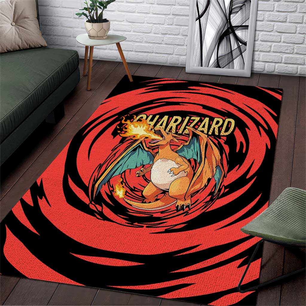 Charizard Pokémon Red and Black Swirl Design Area Rug with Flames, Pokéball Accents, and Dynamic Fire-Breathing Pose - The Mazicc