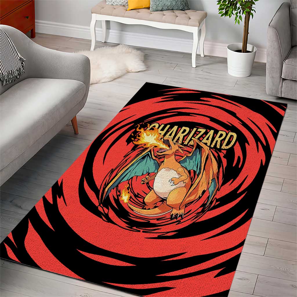 Charizard Pokémon Red and Black Swirl Design Area Rug with Flames, Pokéball Accents, and Dynamic Fire-Breathing Pose - The Mazicc