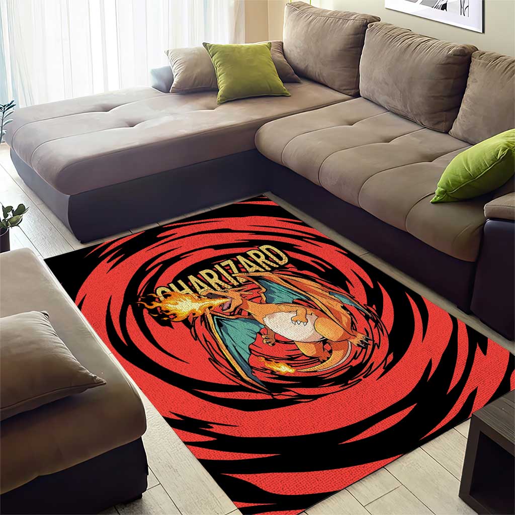 Charizard Pokémon Red and Black Swirl Design Area Rug with Flames, Pokéball Accents, and Dynamic Fire-Breathing Pose - The Mazicc