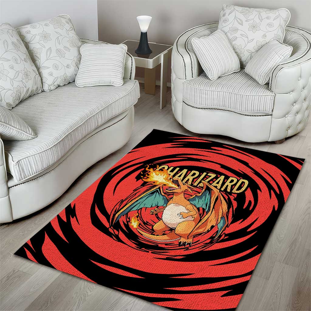 Charizard Pokémon Red and Black Swirl Design Area Rug with Flames, Pokéball Accents, and Dynamic Fire-Breathing Pose - The Mazicc