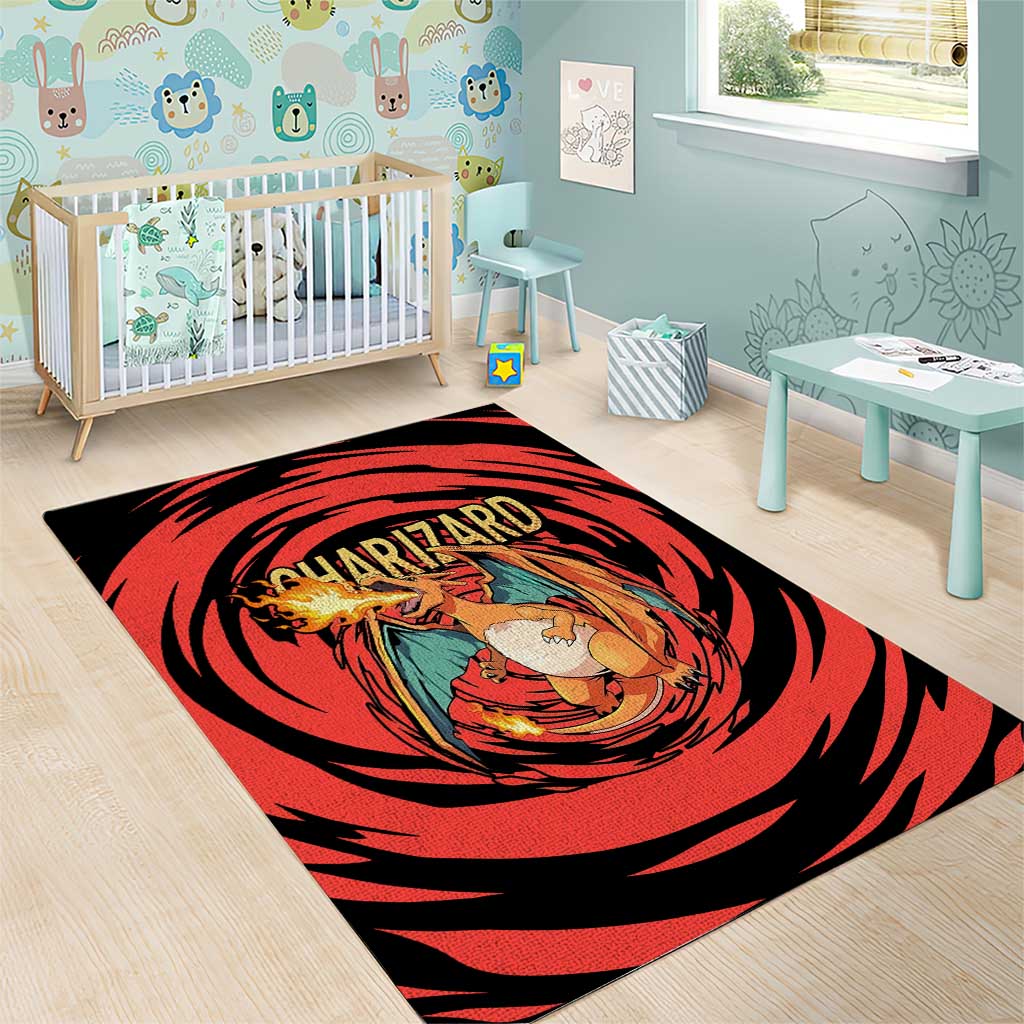 Charizard Pokémon Red and Black Swirl Design Area Rug with Flames, Pokéball Accents, and Dynamic Fire-Breathing Pose - The Mazicc