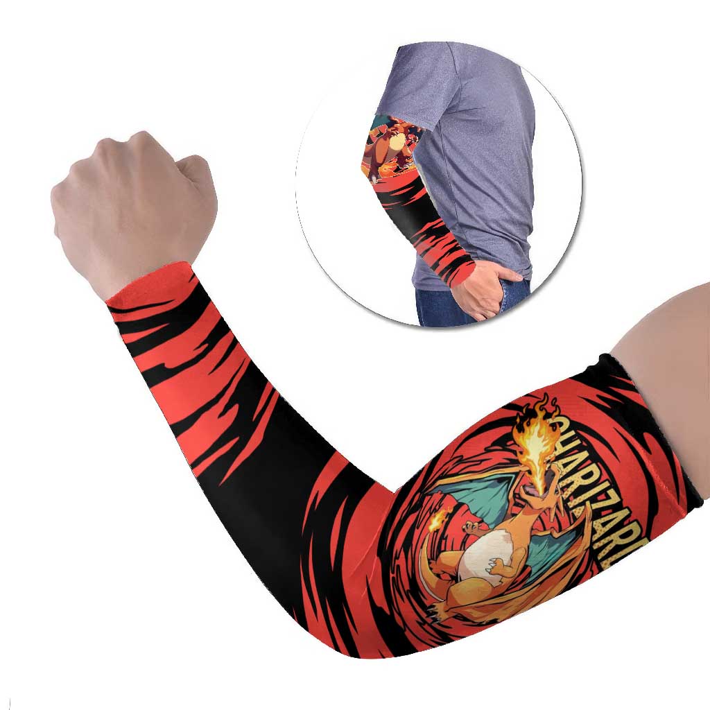 Charizard Pokémon Red and Black Swirl Design Arm Sleeves with Flames, Pokéball Accents, and Dynamic Fire-Breathing Pose - The Mazicc