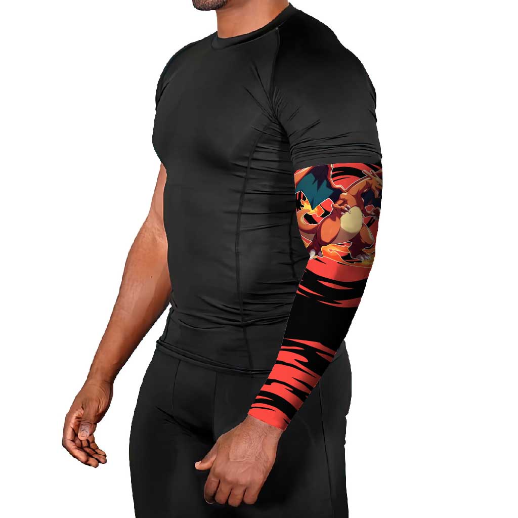 Charizard Pokémon Red and Black Swirl Design Arm Sleeves with Flames, Pokéball Accents, and Dynamic Fire-Breathing Pose - The Mazicc