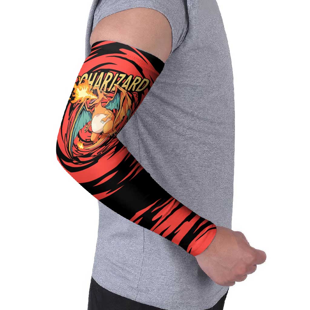 Charizard Pokémon Red and Black Swirl Design Arm Sleeves with Flames, Pokéball Accents, and Dynamic Fire-Breathing Pose - The Mazicc