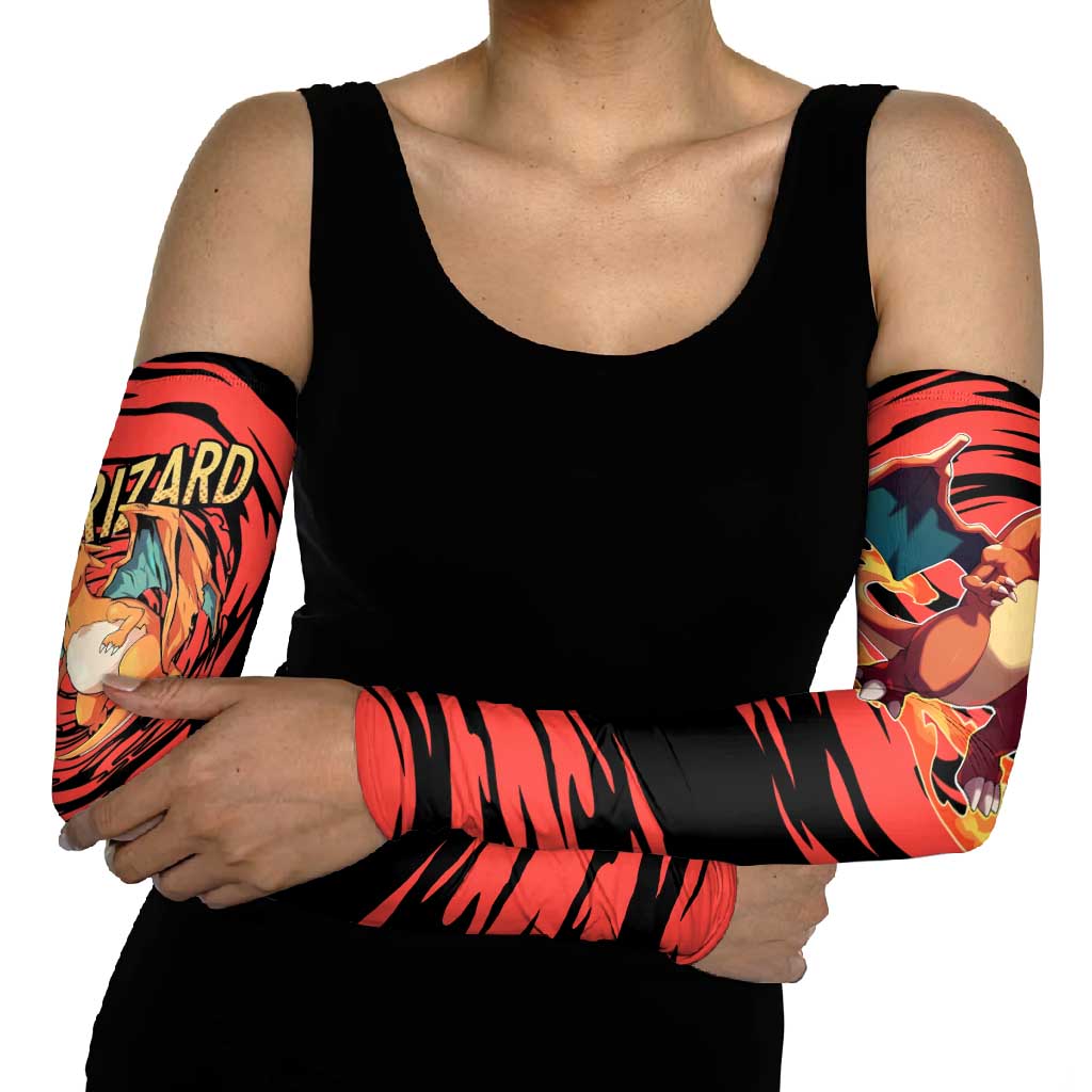 Charizard Pokémon Red and Black Swirl Design Arm Sleeves with Flames, Pokéball Accents, and Dynamic Fire-Breathing Pose - The Mazicc