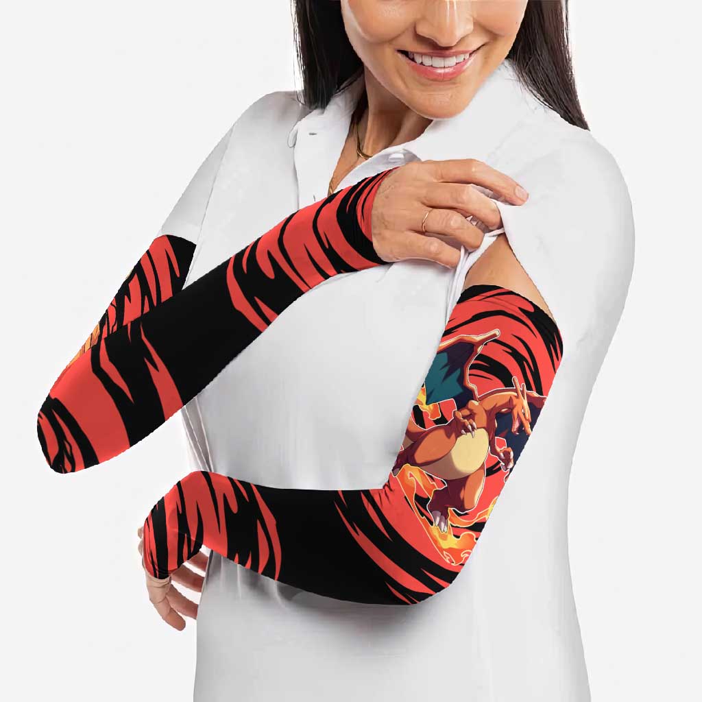 Charizard Pokémon Red and Black Swirl Design Arm Sleeves with Flames, Pokéball Accents, and Dynamic Fire-Breathing Pose - The Mazicc