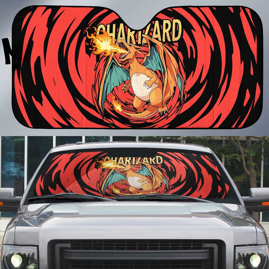 Charizard Pokémon Red and Black Swirl Design Auto Sun Shade with Flames, Pokéball Accents, and Dynamic Fire-Breathing Pose - The Mazicc