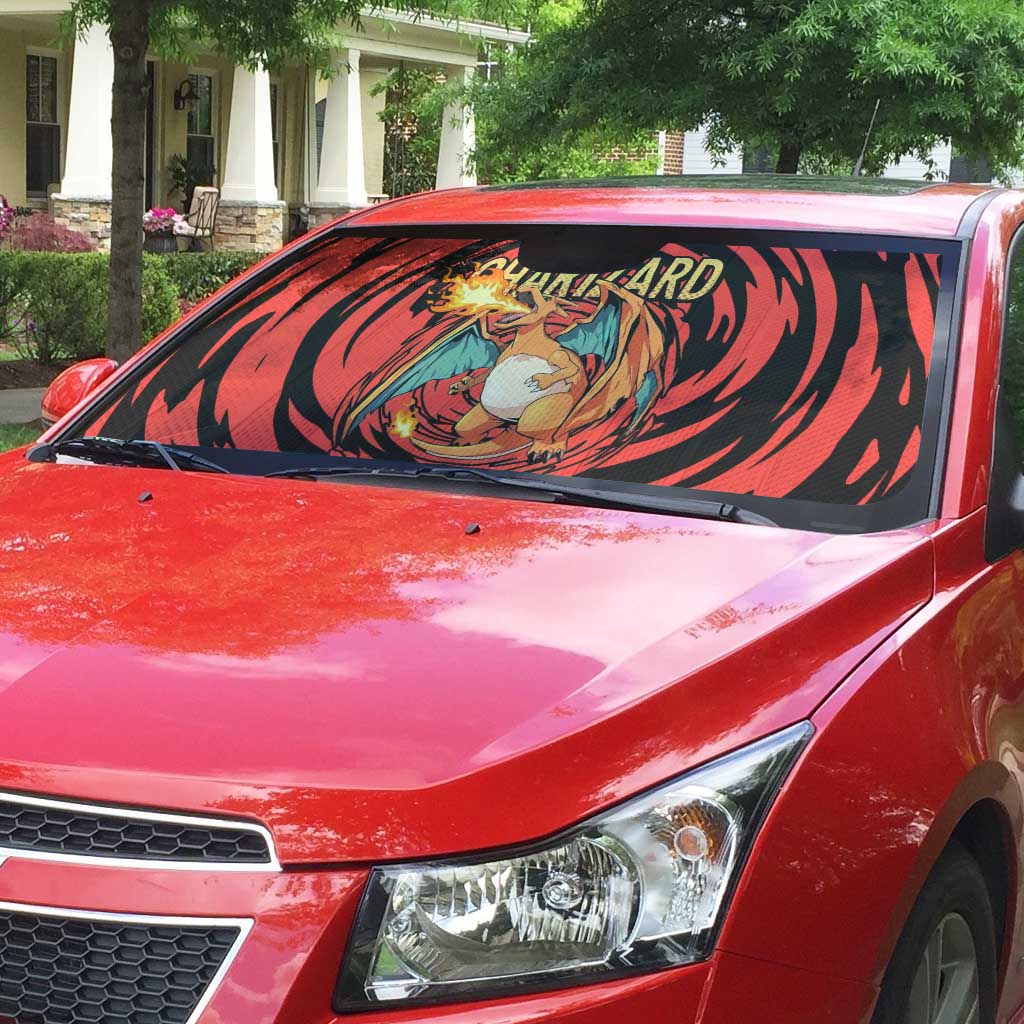 Charizard Pokémon Red and Black Swirl Design Auto Sun Shade with Flames, Pokéball Accents, and Dynamic Fire-Breathing Pose - The Mazicc