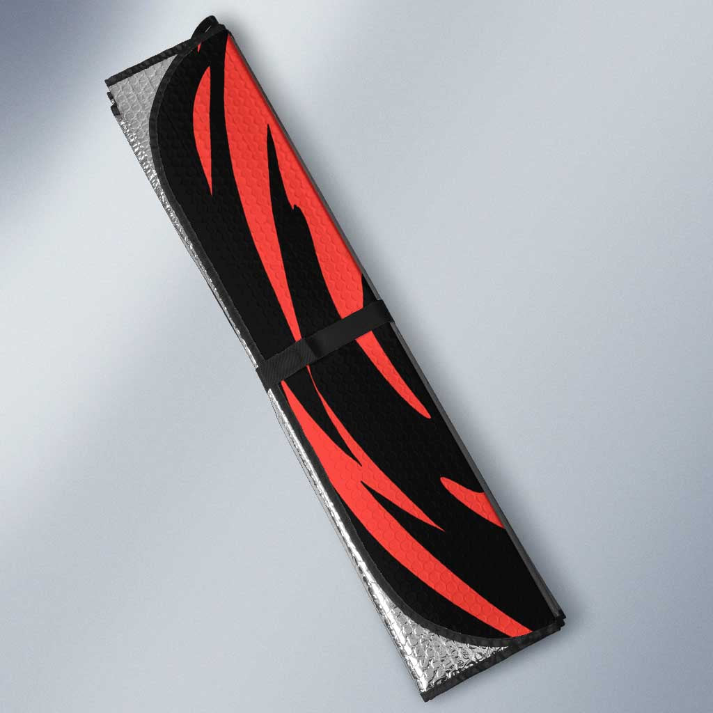 Charizard Pokémon Red and Black Swirl Design Auto Sun Shade with Flames, Pokéball Accents, and Dynamic Fire-Breathing Pose - The Mazicc