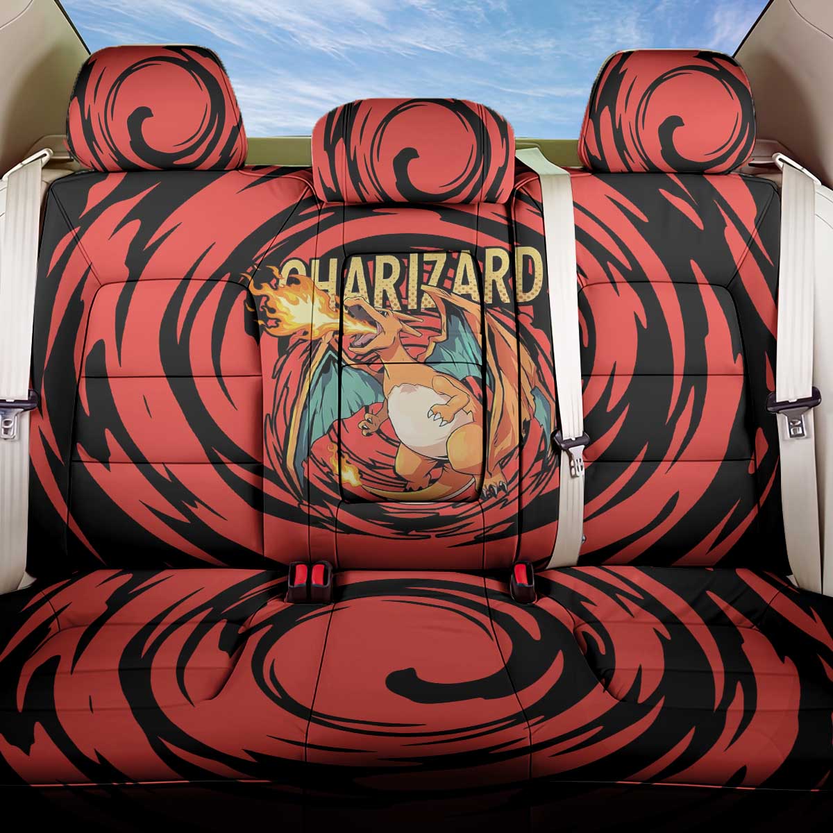 Charizard Pokémon Red and Black Swirl Design Back Car Seat Cover with Flames, Pokéball Accents, and Dynamic Fire-Breathing Pose - The Mazicc