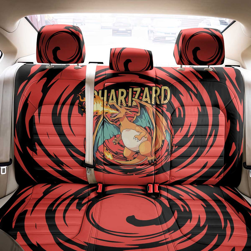 Charizard Pokémon Red and Black Swirl Design Back Car Seat Cover with Flames, Pokéball Accents, and Dynamic Fire-Breathing Pose - The Mazicc