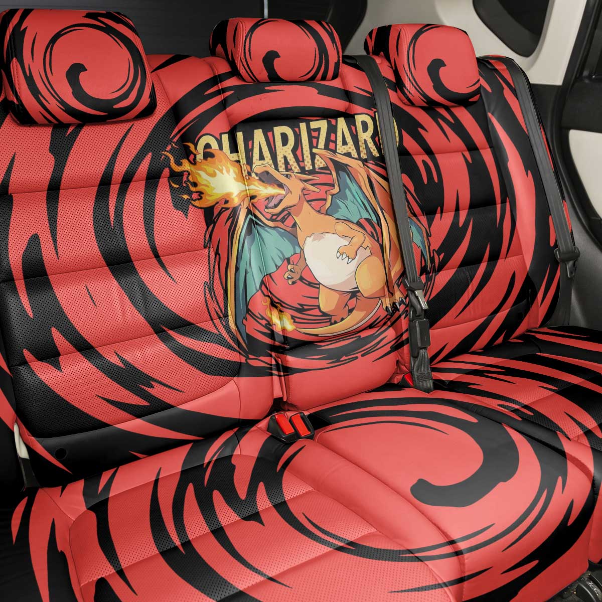 Charizard Pokémon Red and Black Swirl Design Back Car Seat Cover with Flames, Pokéball Accents, and Dynamic Fire-Breathing Pose - The Mazicc