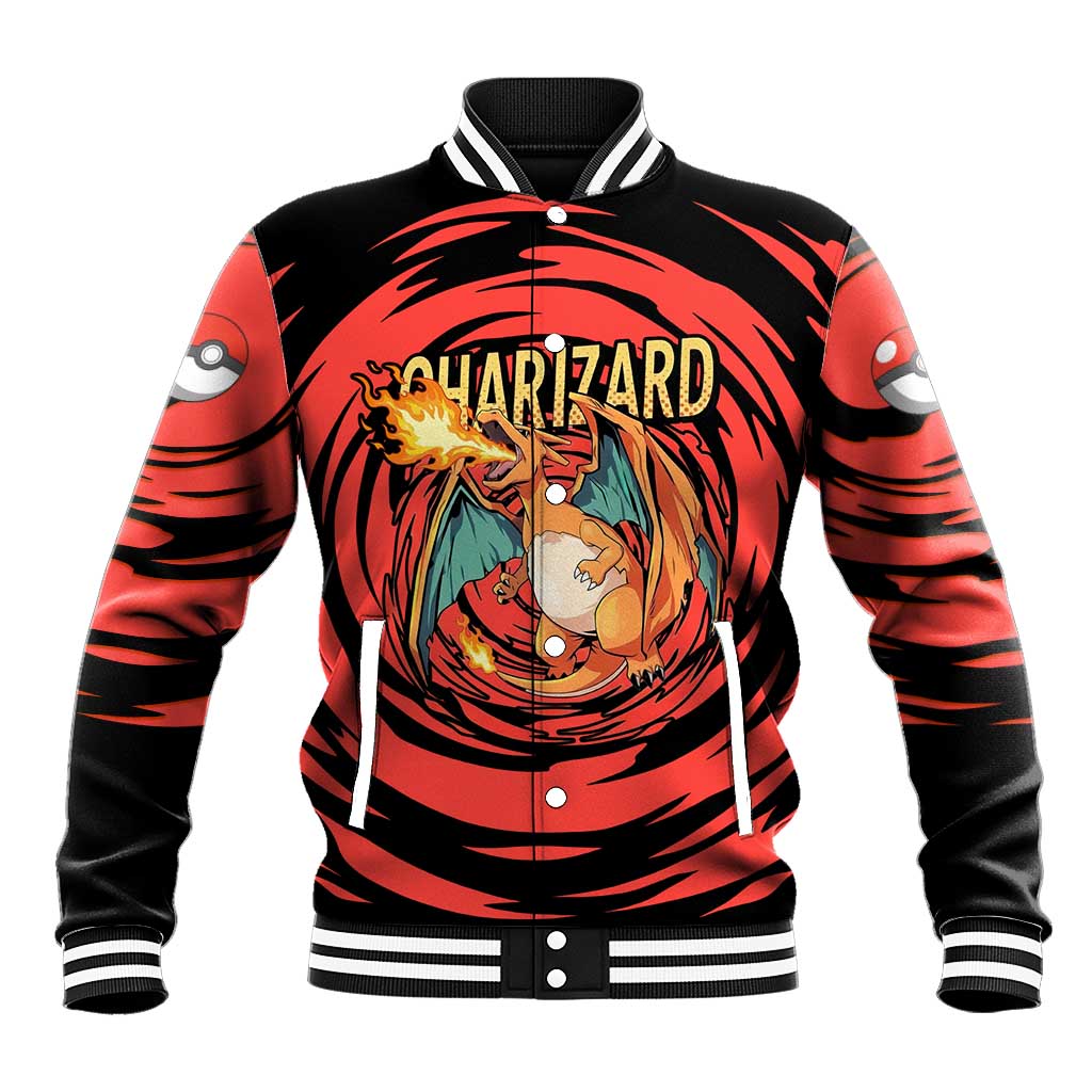Charizard Pokémon Red and Black Swirl Design Baseball Jacket with Flames, Pokéball Accents, and Dynamic Fire-Breathing Pose - The Mazicc