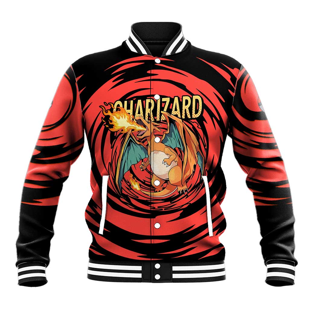 Charizard Pokémon Red and Black Swirl Design Baseball Jacket with Flames, Pokéball Accents, and Dynamic Fire-Breathing Pose - The Mazicc