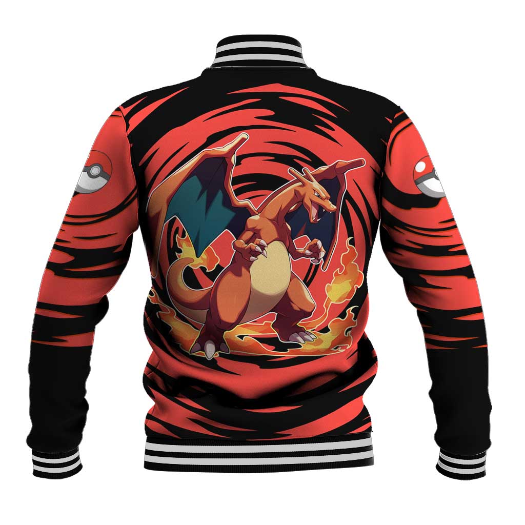 Charizard Pokémon Red and Black Swirl Design Baseball Jacket with Flames, Pokéball Accents, and Dynamic Fire-Breathing Pose - The Mazicc