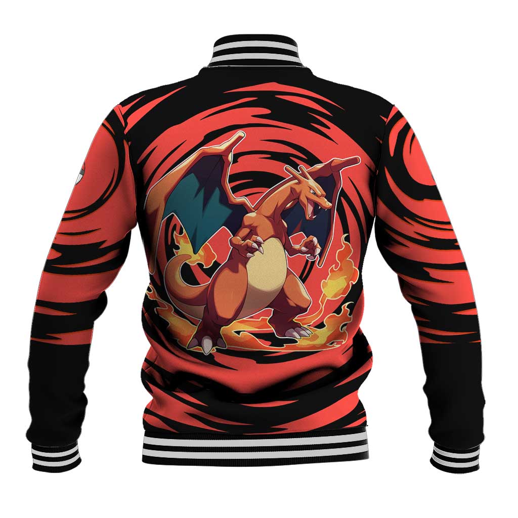 Charizard Pokémon Red and Black Swirl Design Baseball Jacket with Flames, Pokéball Accents, and Dynamic Fire-Breathing Pose - The Mazicc