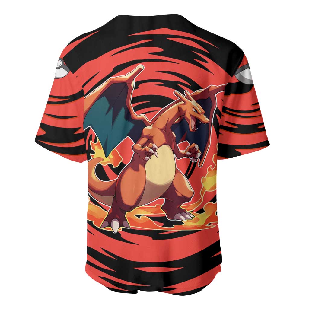 Charizard Pokémon Red and Black Swirl Design Baseball Jersey with Flames, Pokéball Accents, and Dynamic Fire-Breathing Pose - The Mazicc