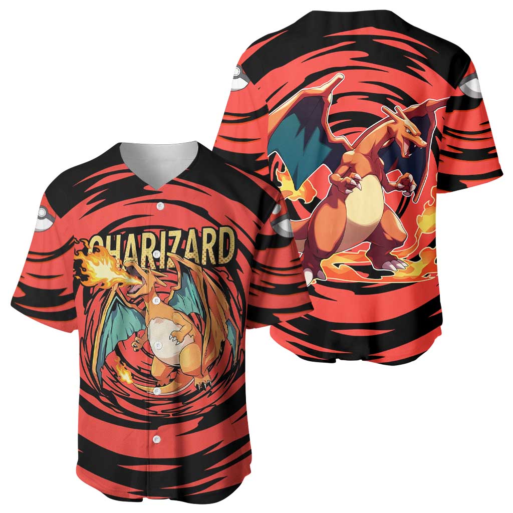 Charizard Pokémon Red and Black Swirl Design Baseball Jersey with Flames, Pokéball Accents, and Dynamic Fire-Breathing Pose - The Mazicc