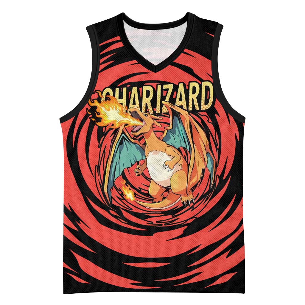 Charizard Pokémon Red and Black Swirl Design Basketball Jersey with Flames, Pokéball Accents, and Dynamic Fire-Breathing Pose - The Mazicc