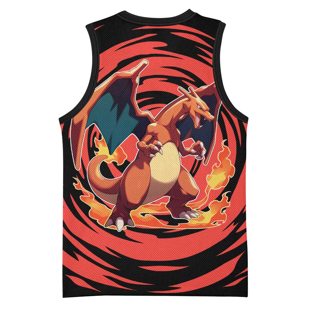 Charizard Pokémon Red and Black Swirl Design Basketball Jersey with Flames, Pokéball Accents, and Dynamic Fire-Breathing Pose - The Mazicc
