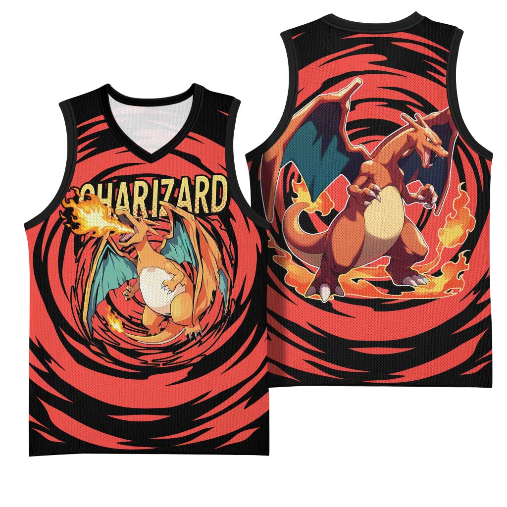 Charizard Pokémon Red and Black Swirl Design Basketball Jersey with Flames, Pokéball Accents, and Dynamic Fire-Breathing Pose - The Mazicc