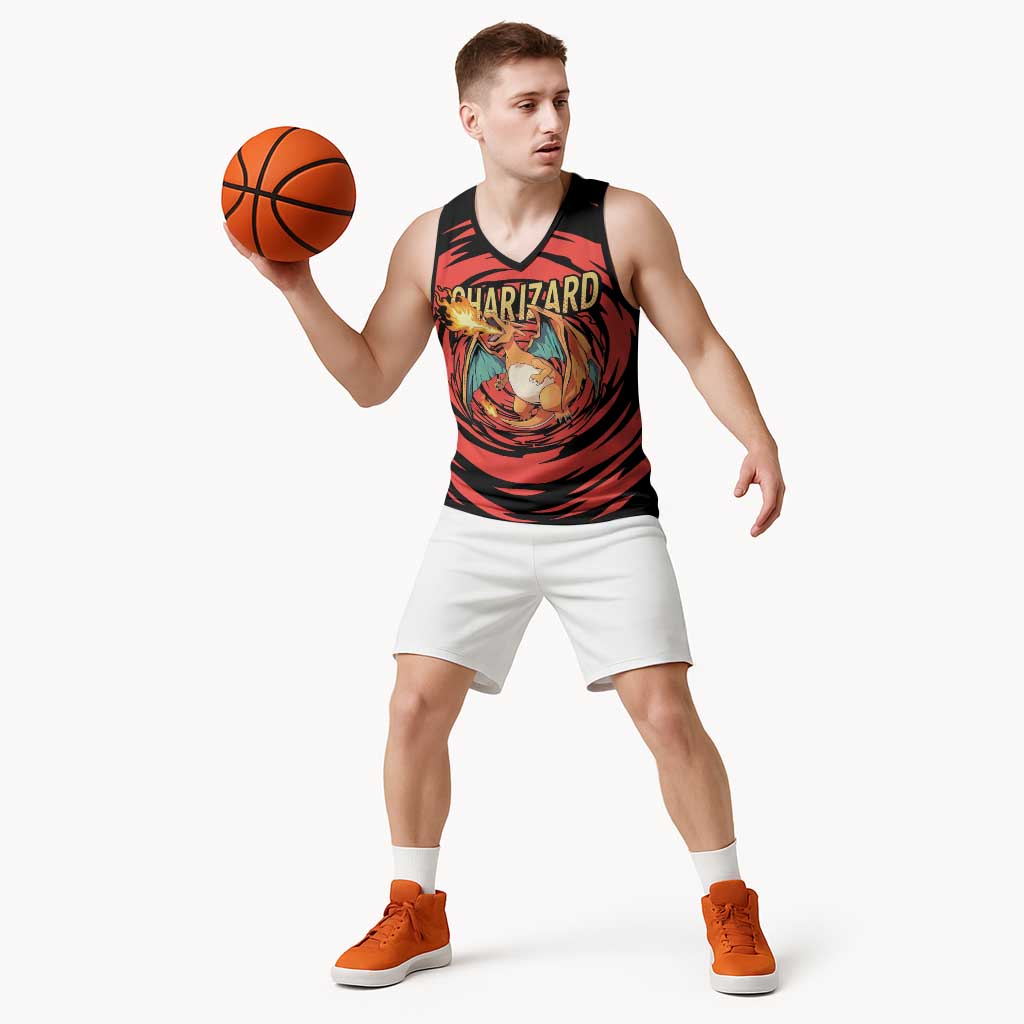 Charizard Pokémon Red and Black Swirl Design Basketball Jersey with Flames, Pokéball Accents, and Dynamic Fire-Breathing Pose - The Mazicc