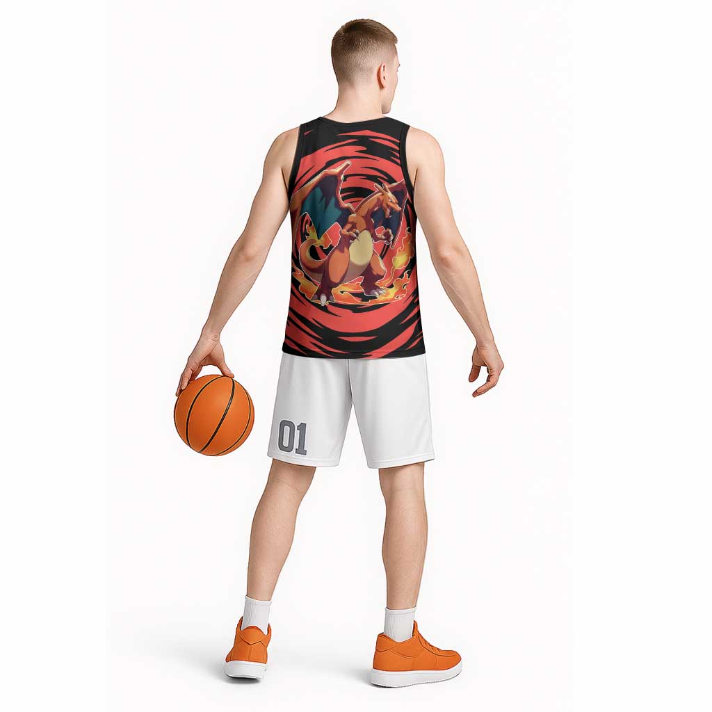 Charizard Pokémon Red and Black Swirl Design Basketball Jersey with Flames, Pokéball Accents, and Dynamic Fire-Breathing Pose - The Mazicc