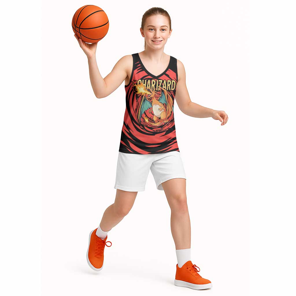Charizard Pokémon Red and Black Swirl Design Basketball Jersey with Flames, Pokéball Accents, and Dynamic Fire-Breathing Pose - The Mazicc