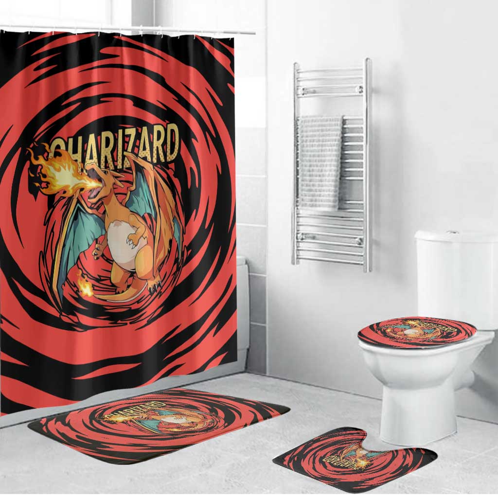 Charizard Pokémon Red and Black Swirl Design Bathroom Set with Flames, Pokéball Accents, and Dynamic Fire-Breathing Pose - The Mazicc