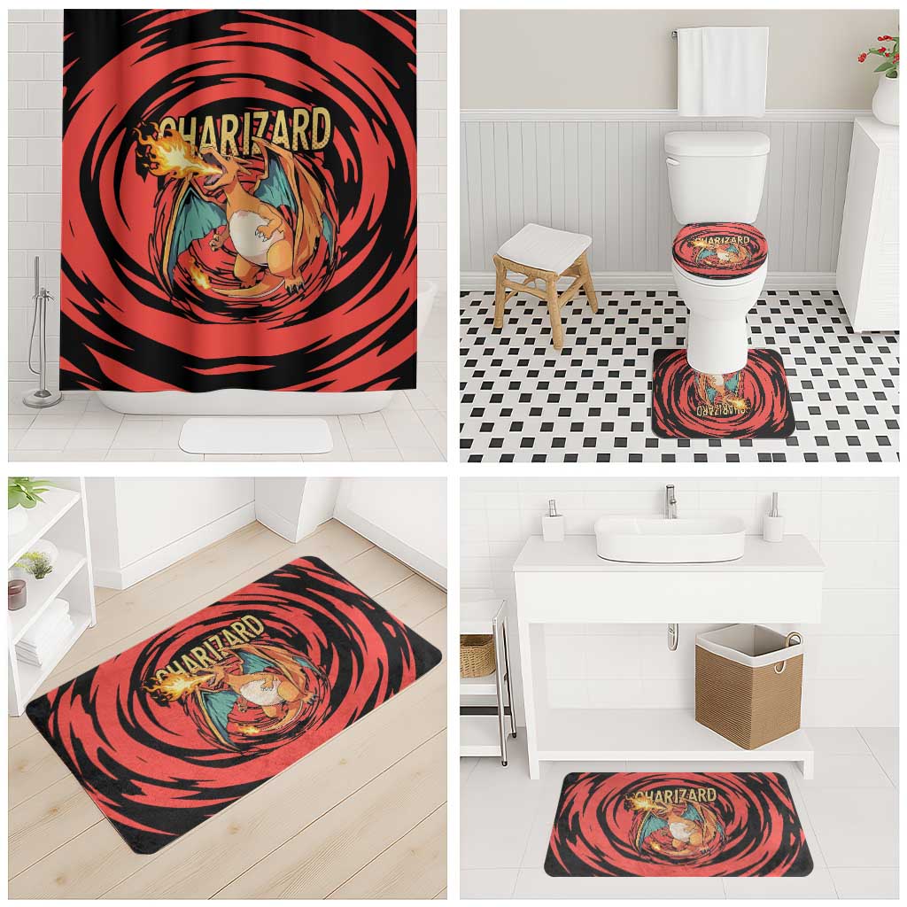 Charizard Pokémon Red and Black Swirl Design Bathroom Set with Flames, Pokéball Accents, and Dynamic Fire-Breathing Pose - The Mazicc