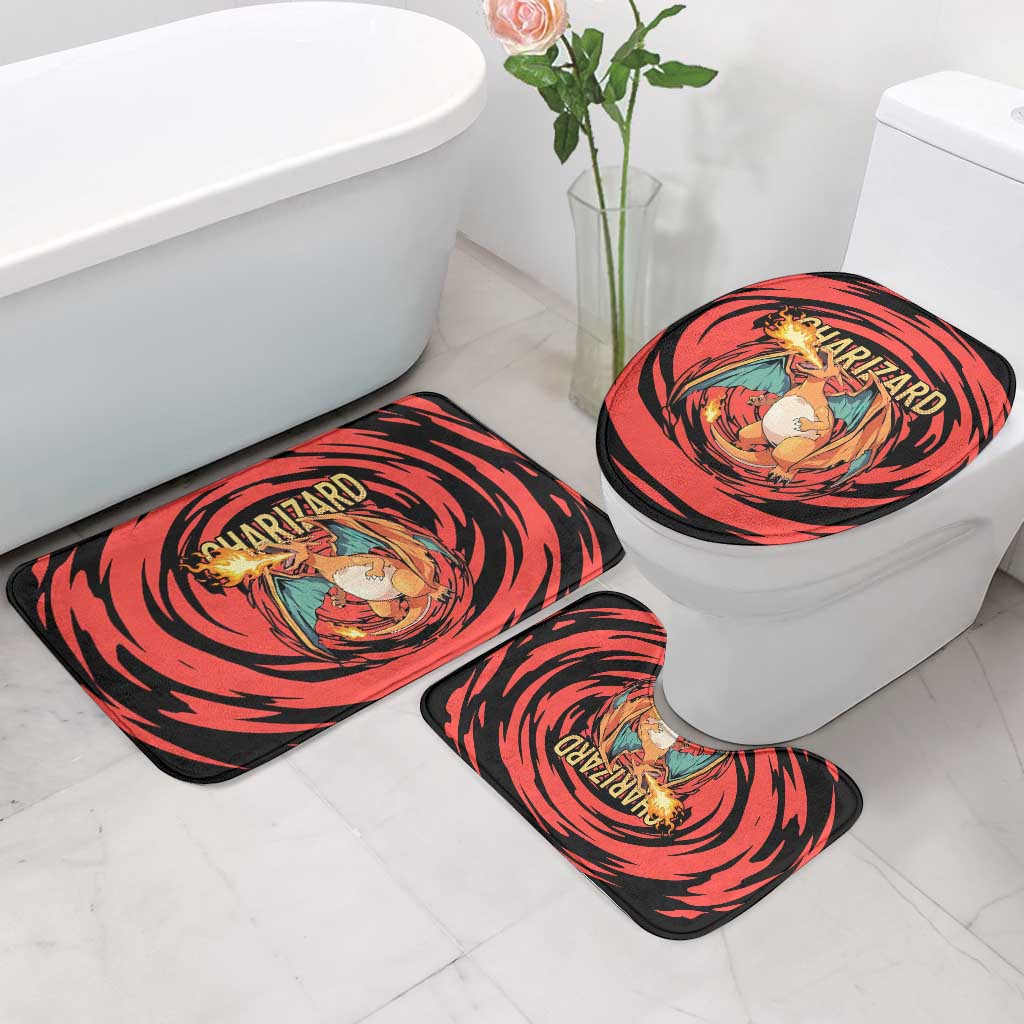 Charizard Pokémon Red and Black Swirl Design Bathroom Set with Flames, Pokéball Accents, and Dynamic Fire-Breathing Pose - The Mazicc
