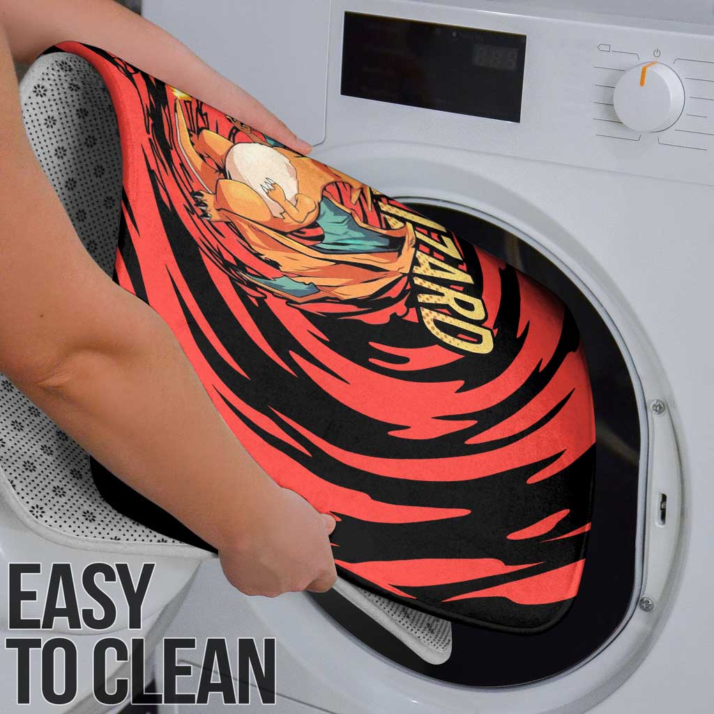 Charizard Pokémon Red and Black Swirl Design Bathroom Set with Flames, Pokéball Accents, and Dynamic Fire-Breathing Pose - The Mazicc