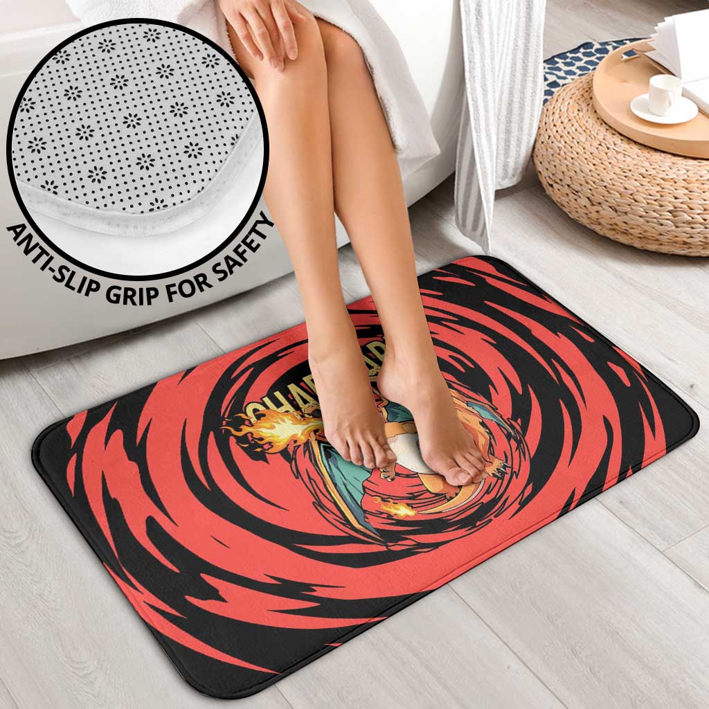 Charizard Pokémon Red and Black Swirl Design Bathroom Set with Flames, Pokéball Accents, and Dynamic Fire-Breathing Pose - The Mazicc