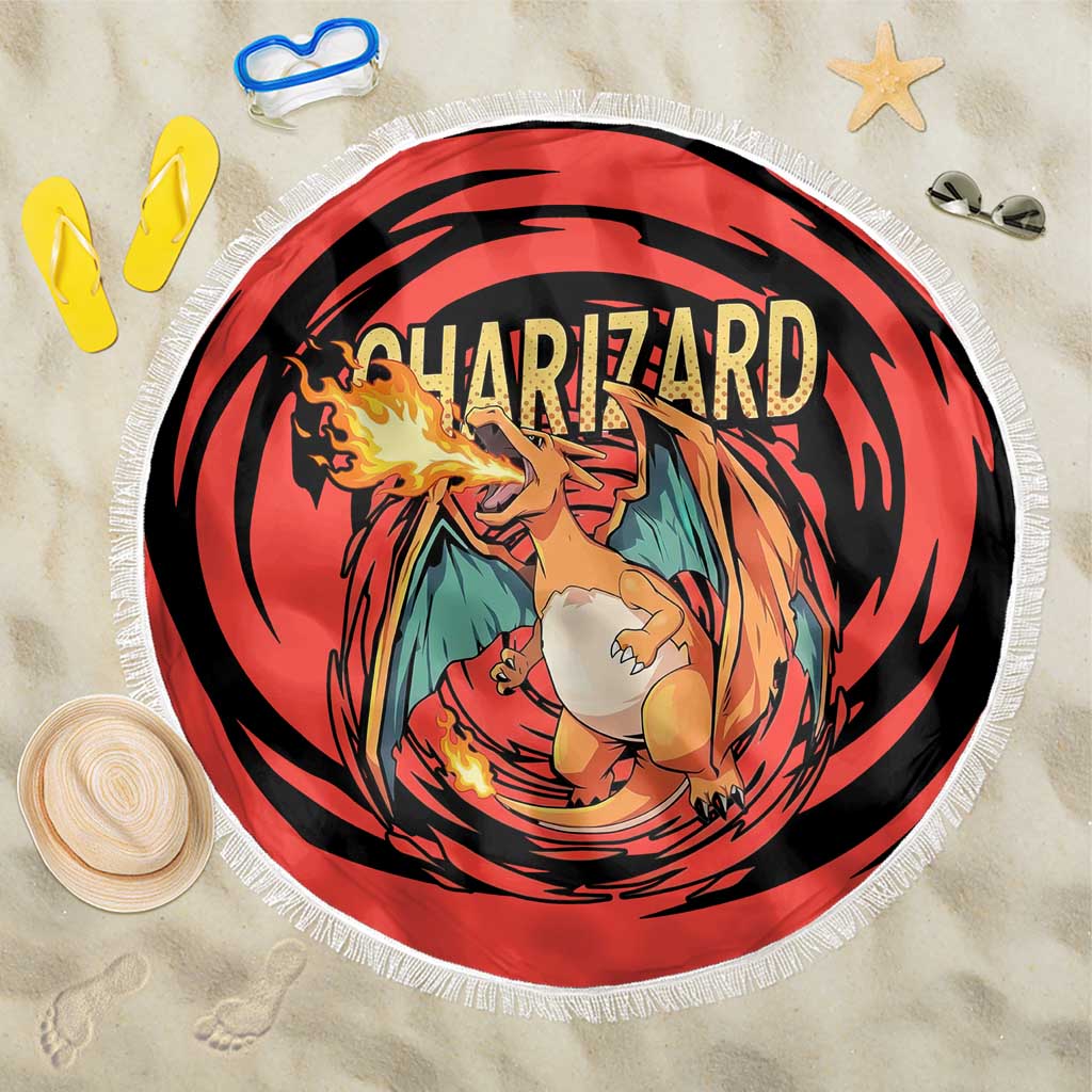 Charizard Pokémon Red and Black Swirl Design Beach Blanket with Flames, Pokéball Accents, and Dynamic Fire-Breathing Pose - The Mazicc