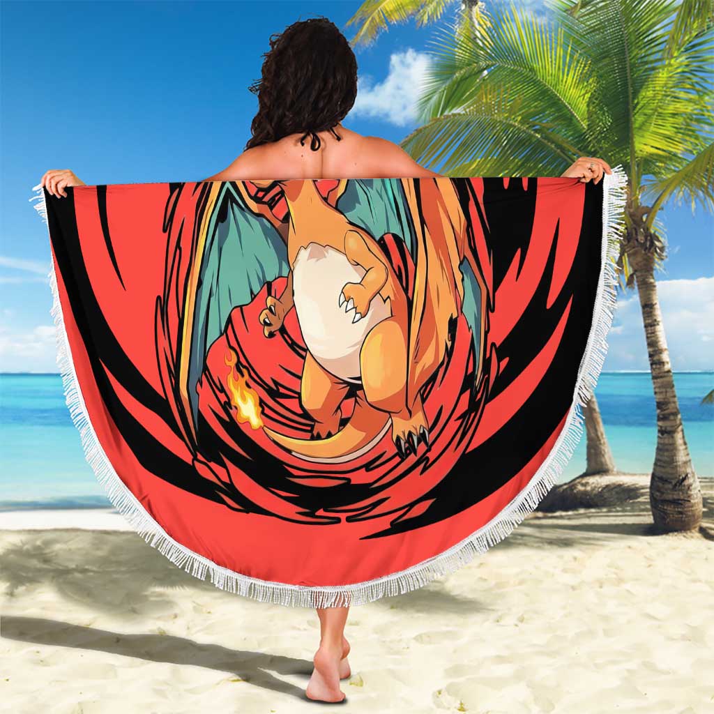 Charizard Pokémon Red and Black Swirl Design Beach Blanket with Flames, Pokéball Accents, and Dynamic Fire-Breathing Pose - The Mazicc