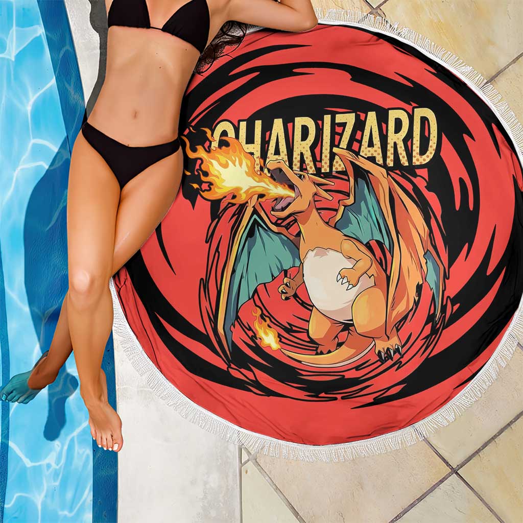 Charizard Pokémon Red and Black Swirl Design Beach Blanket with Flames, Pokéball Accents, and Dynamic Fire-Breathing Pose - The Mazicc