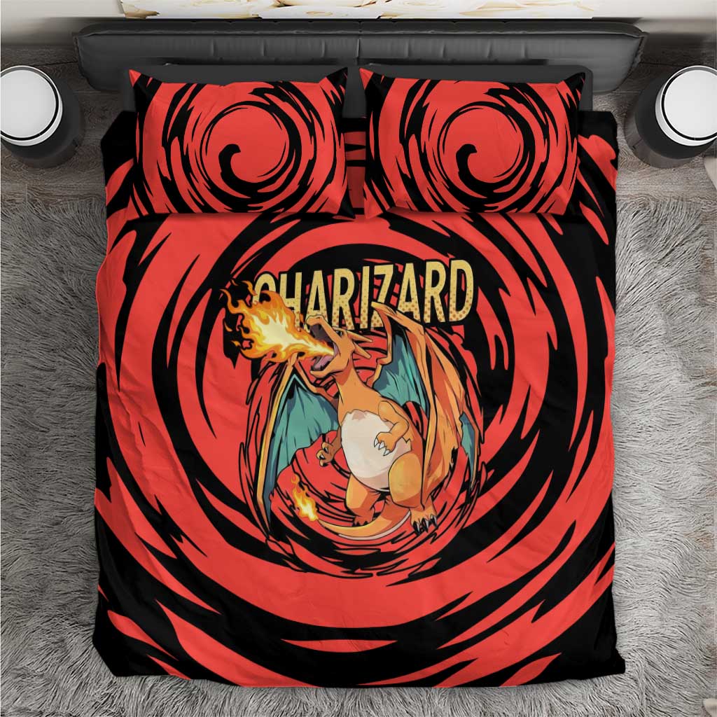 Charizard Pokémon Red and Black Swirl Design Bedding Set with Flames, Pokéball Accents, and Dynamic Fire-Breathing Pose - The Mazicc