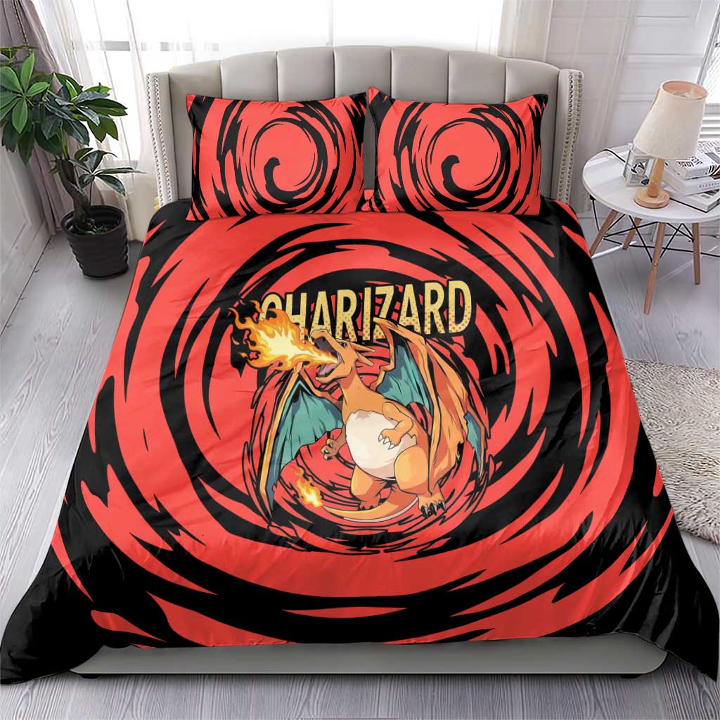 Charizard Pokémon Red and Black Swirl Design Bedding Set with Flames, Pokéball Accents, and Dynamic Fire-Breathing Pose - The Mazicc
