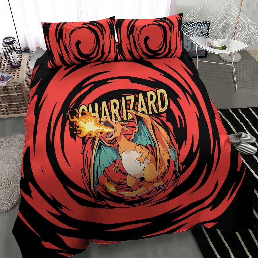 Charizard Pokémon Red and Black Swirl Design Bedding Set with Flames, Pokéball Accents, and Dynamic Fire-Breathing Pose - The Mazicc