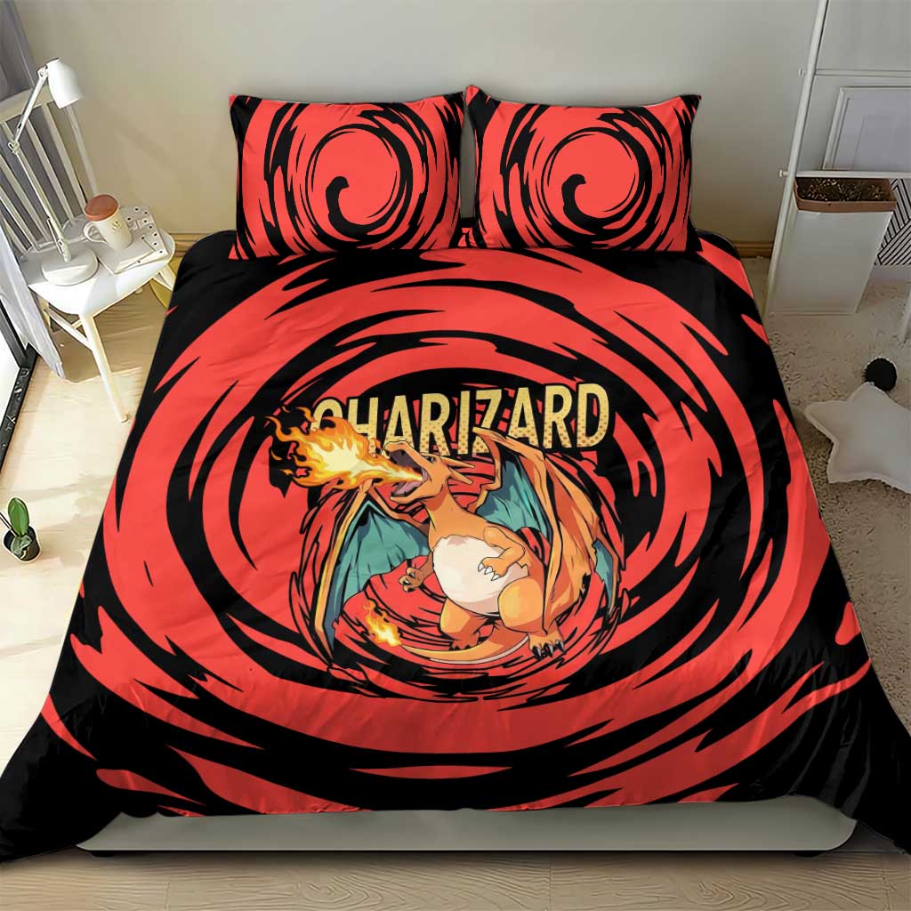 Charizard Pokémon Red and Black Swirl Design Bedding Set with Flames, Pokéball Accents, and Dynamic Fire-Breathing Pose - The Mazicc