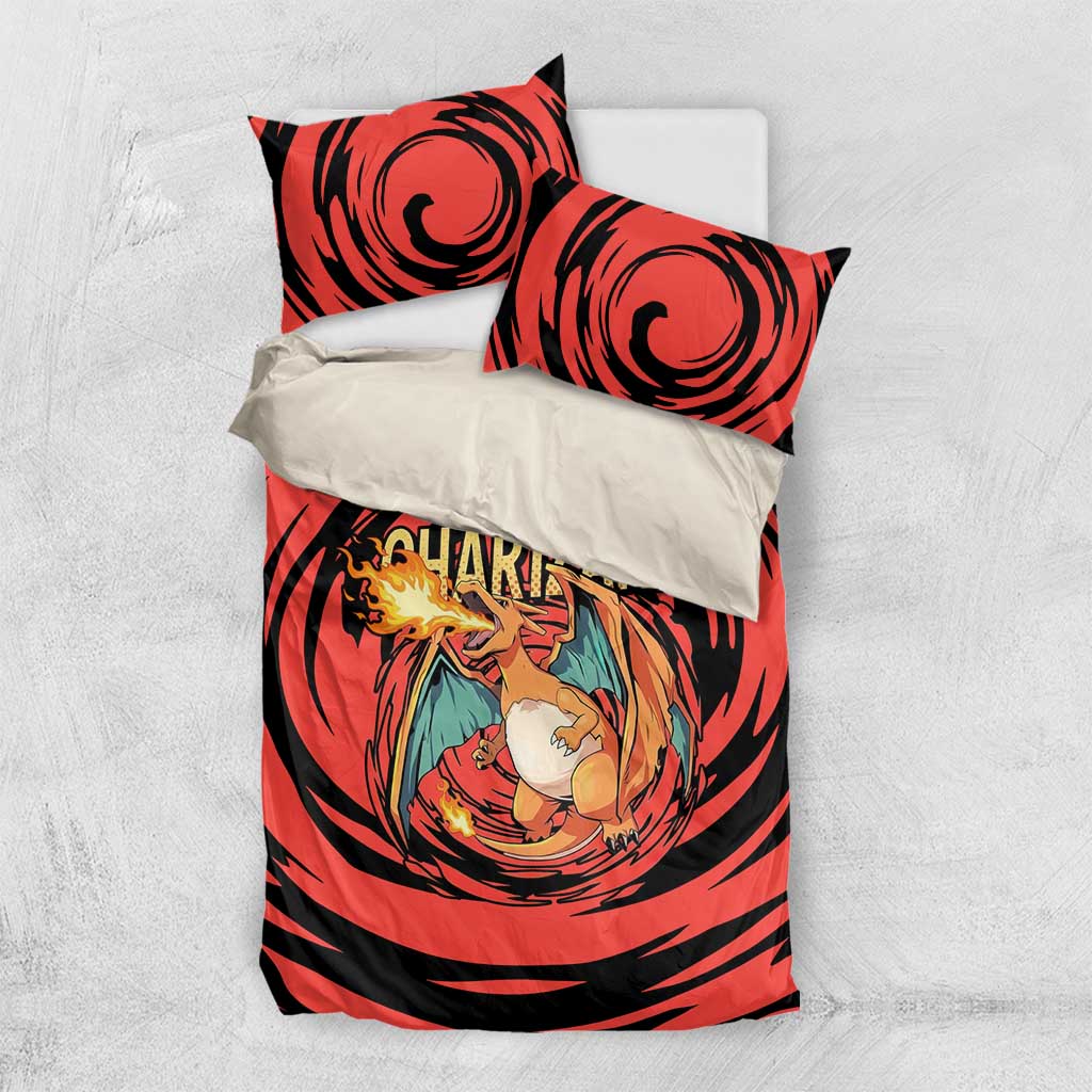 Charizard Pokémon Red and Black Swirl Design Bedding Set with Flames, Pokéball Accents, and Dynamic Fire-Breathing Pose - The Mazicc