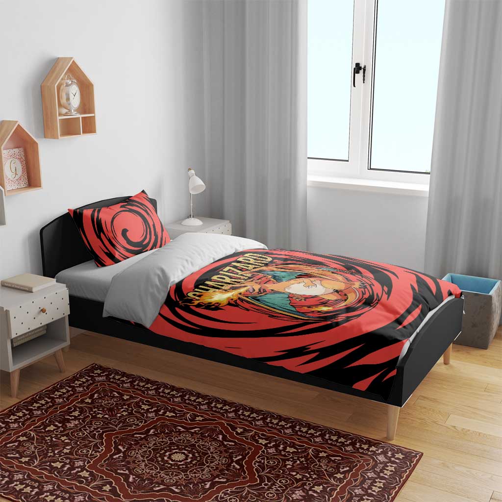 Charizard Pokémon Red and Black Swirl Design Bedding Set with Flames, Pokéball Accents, and Dynamic Fire-Breathing Pose - The Mazicc